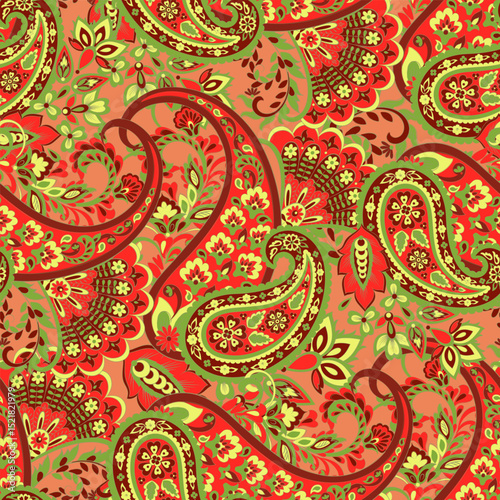 Paisley vector seamless design flowers and leaves in a batik-inspired style. Vintage fabric backdrop