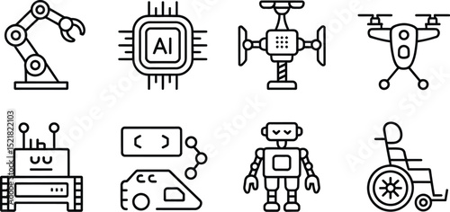 A line art illustration featuring various robotic and ai related icons in black