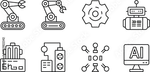 Illustration of robotic arms, gear, robot, server, network and ai on computer screen