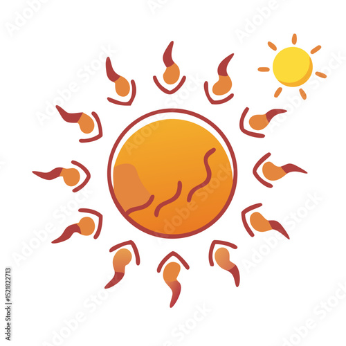 Symbolic sun illustration with rays and smaller sun representing Summer Solstice  