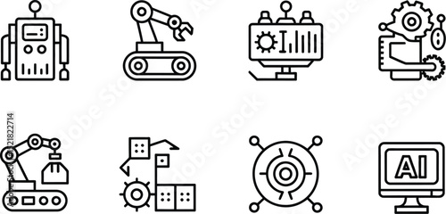 A set of eight different black and white line art icons of robots and ai technology