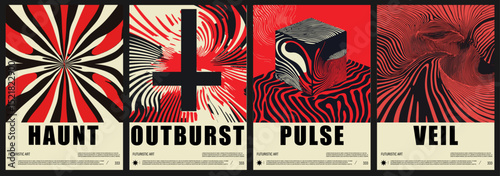 Horror-themed vector posters in a bold Psychedelic Op Art style, using hypnotic optical illusions and high-contrast color, reflect the trend for striking, modern abstract graphics.