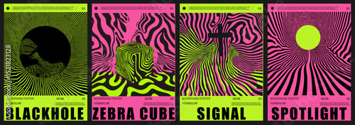 Vibrant vector posters in Neo-Psychedelic and Y2K-inspired style, featuring optical illusions, wavy lines, and bold neon pinks and greens—a popular 2025 trend in modern digital art.