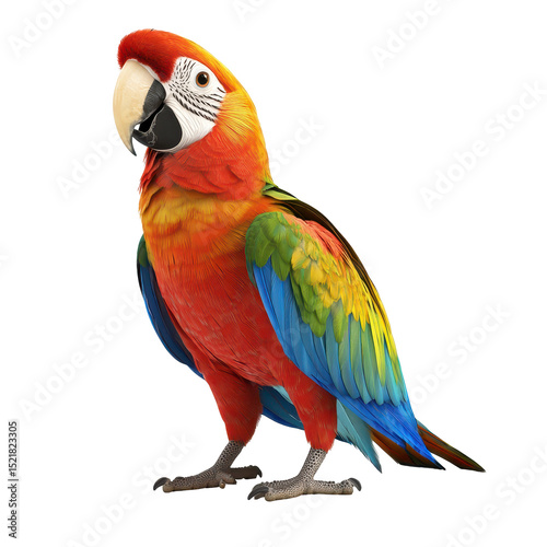 Colorful macaw perched and displaying vibrant feathers in natural light indoors