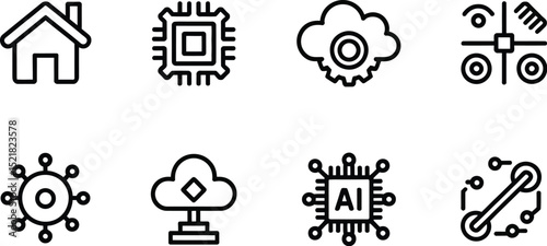 Illustration of eight distinct black and white technology related line icons set