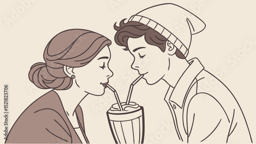 Young couple sharing a milkshake with straws in minimalist style  