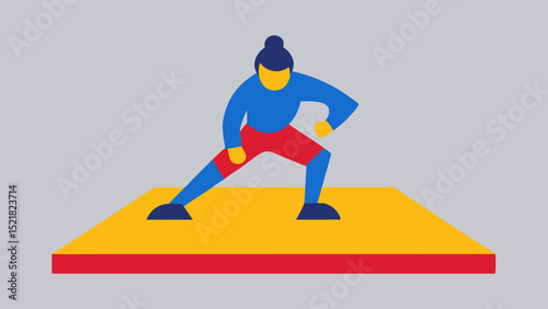Wrestling athlete performing stance on colorful mat in flat design  