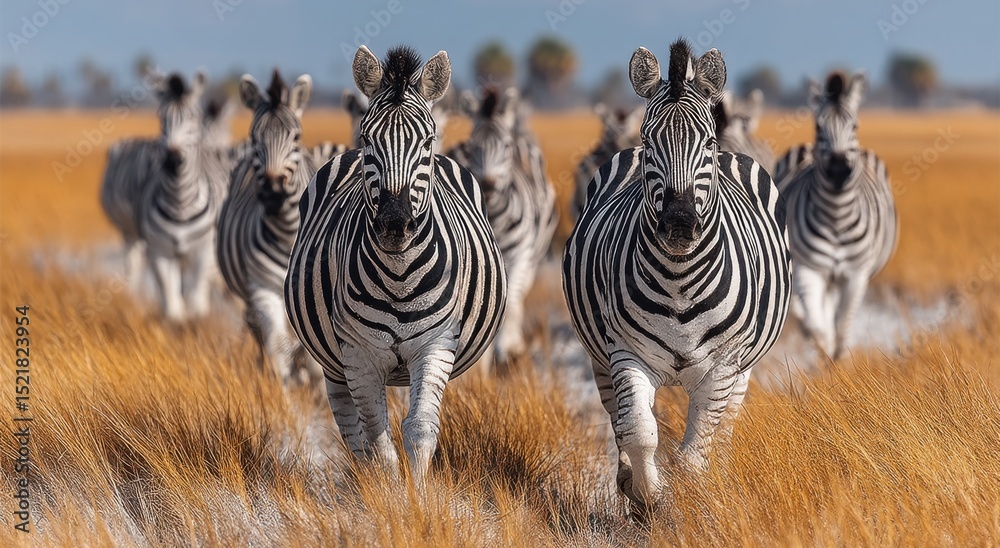 Fototapeta premium Zebras Running Across Dry Grassland in Africa, Illustrating Wildlife Conservation and Natural Habitat Preservation : Generative AI