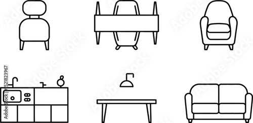 Illustration of furniture and kitchen appliances in a line drawing style set on white