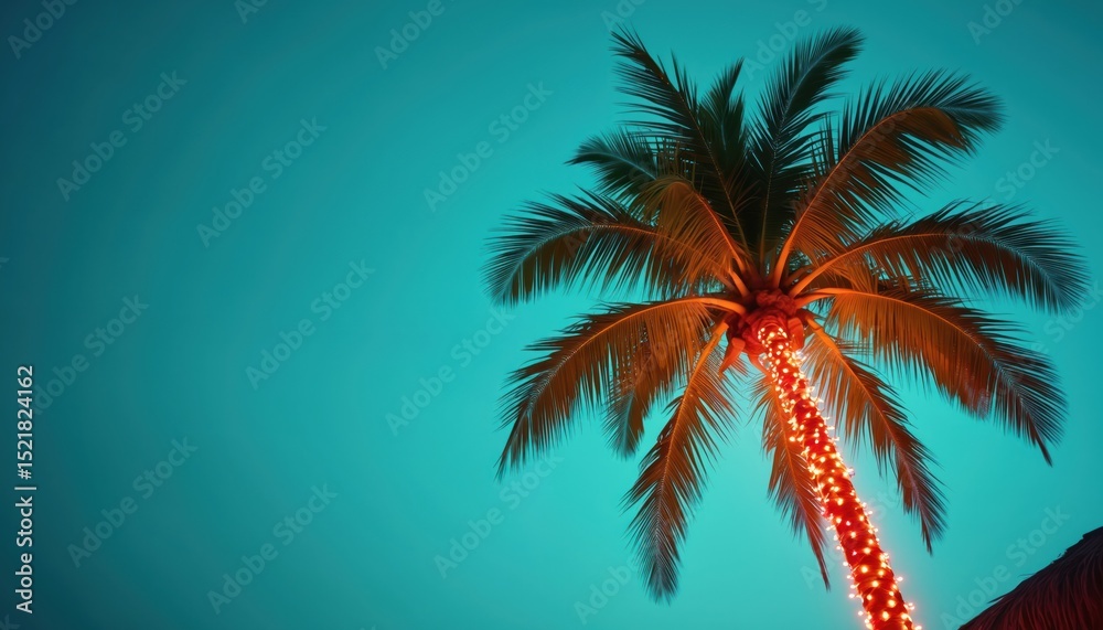 Obraz premium Palm tree illuminated by festive lights against turquoise sky. Tropical landscape, holiday vibe, vacation mood, warm glow, celebration time. Christmas, New Year, holiday resort, luxury vacation,