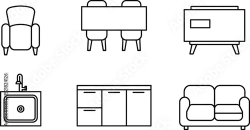 Line art depicting an armchair, table with chairs, cabinet, sink, and a sofa