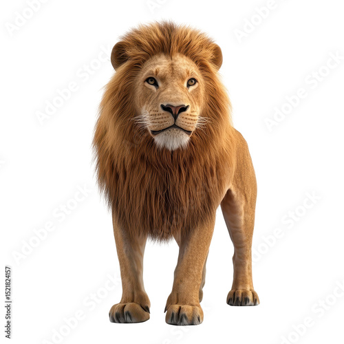 Majestic lion stands calmly in a natural pose, showcasing its glorious mane and powerful stature