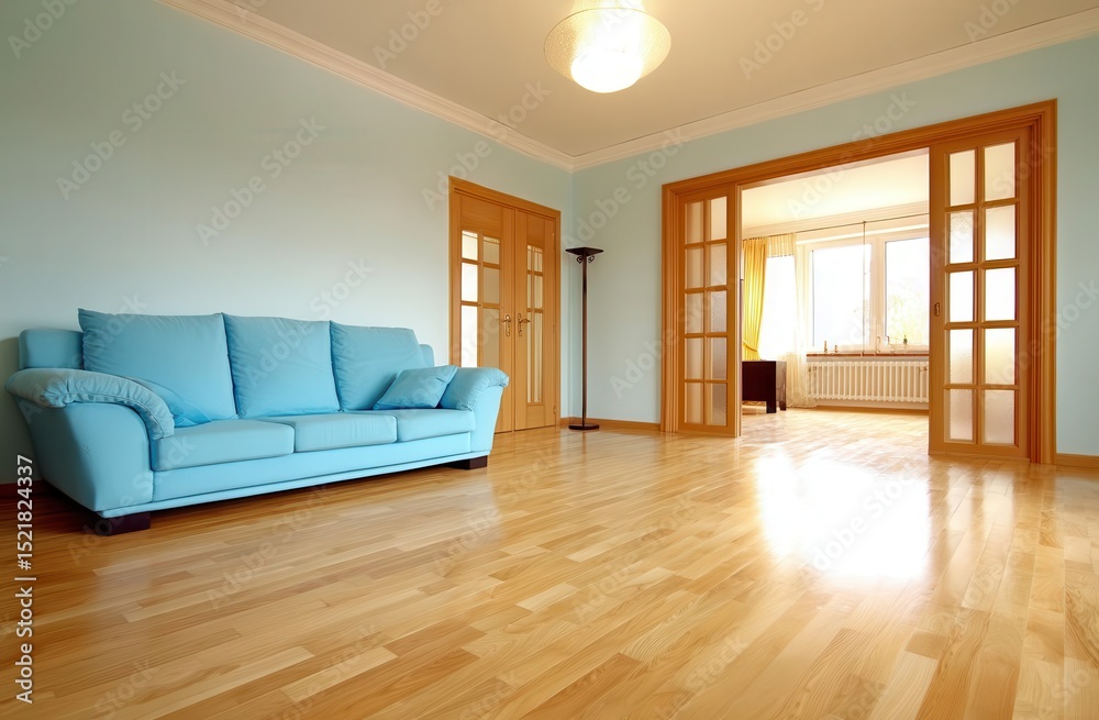Obraz premium Contemporary interior design is showcased in the spacious living room and kitchen