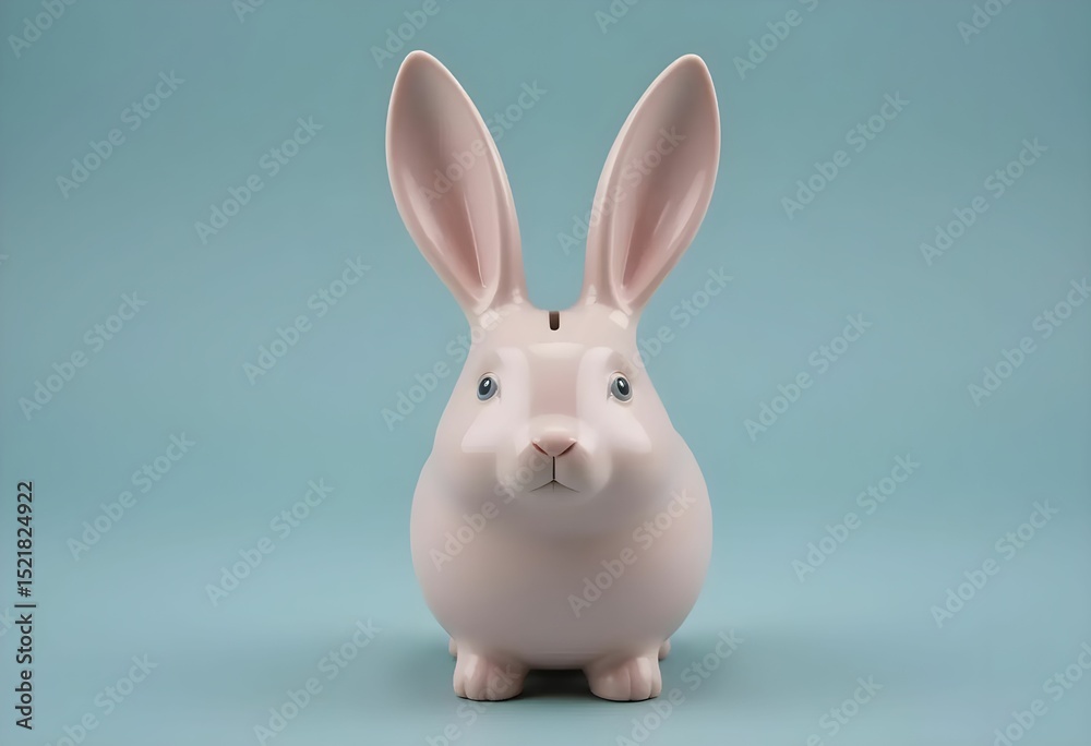 Fototapeta premium Ceramic rose rabbit coin bank with long ears, soft pastel pink glaze, isolated studio product photo, front angle.