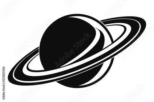 Stylized Black and White Graphic of Saturn with Rings in Simple Design Style