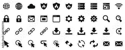 Web & Internet Icons, A set of black, flat icons representing common web and mobile application functions.