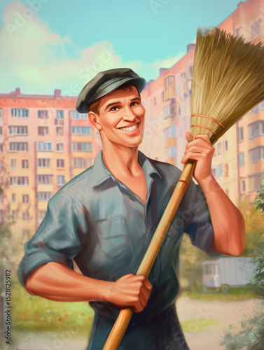 Smiling man in work uniform holding broom standing in residential courtyard. Retro Soviet-style illustration. Urban maintenance and profession concept. Design for poster, print, postcard, greeting