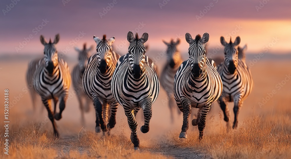 Fototapeta premium Zebras Running Across the African Savanna at Sunset, Representing Wildlife Conservation and the Beauty of Nature for Tourism Campaigns : Generative AI
