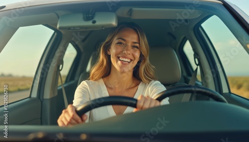 Young woman drives car, smiles at camera. Happy female motorist enjoys road trip travel. Driver in vehicle looks cheerful, feels confident on sunny day. Journey, lifestyle, freedom, independence