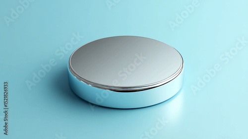 Silver product podium display stand showcase presentation platform on light blue background for advertisement