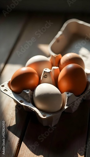 Organic brown and white eggs placed in an eco-friendly carton, top-down view on rustic kitchen surface, soft natural lighting, farm-to-table aesthetic