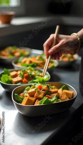 Healthy meal prep containers with assorted food displayed on kitchen counter, human hands about to eat with utensils, overhead angle, clean layout