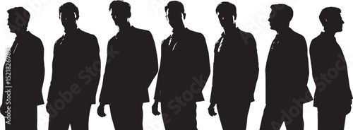 Silhouette of seven men standing in a row wearing suits and ties