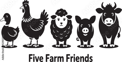A monochrome illustration of farm animals lined up in a row