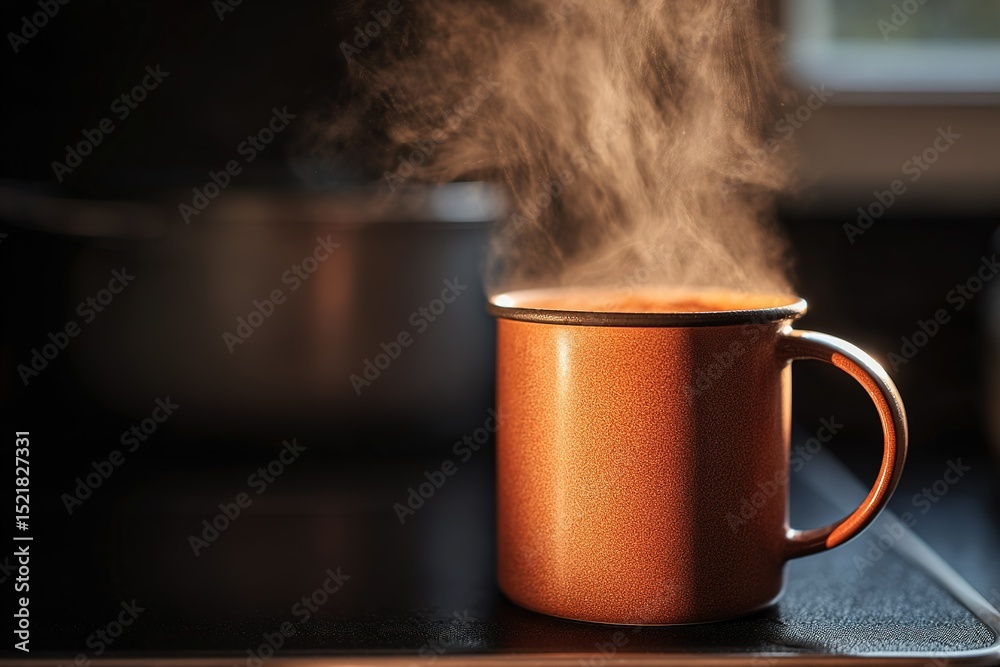 Fototapeta premium Warm beverage steaming in a cozy kitchen during winter morning