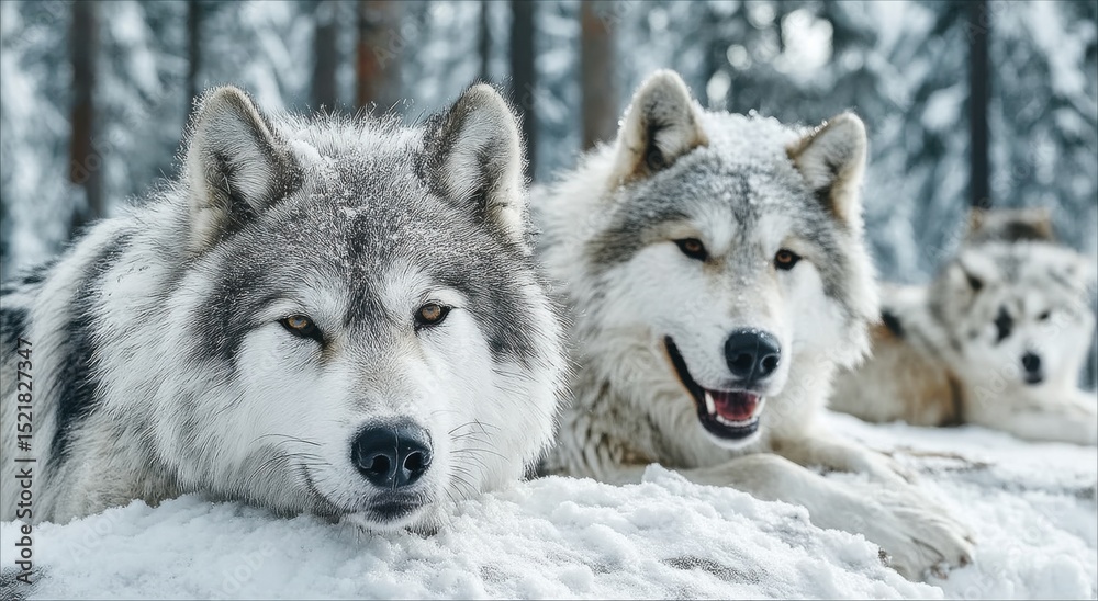 Fototapeta premium Gray Wolves Resting in Snowy Forest, Illustrating Wildlife Conservation and Winter Adventure : Generative AI