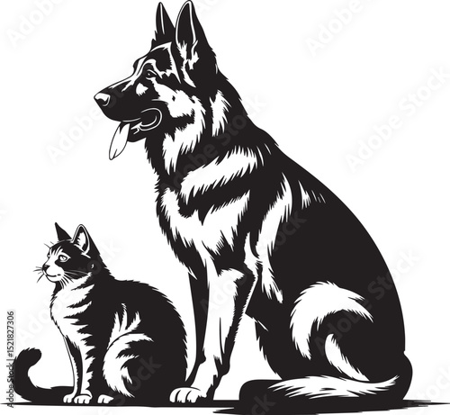 A black and white illustration of a dog and a cat sitting down