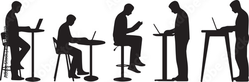Silhouettes of people working on laptops and tablets at desks stools