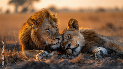 Majestic Lions Engage in Mutual Grooming Ritual on Serengeti Plains