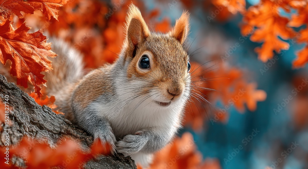 Fototapeta premium Squirrel Perched on Branch Amidst Autumn Leaves, Symbolizing Wildlife Conservation and Fall Season Charm : Generative AI
