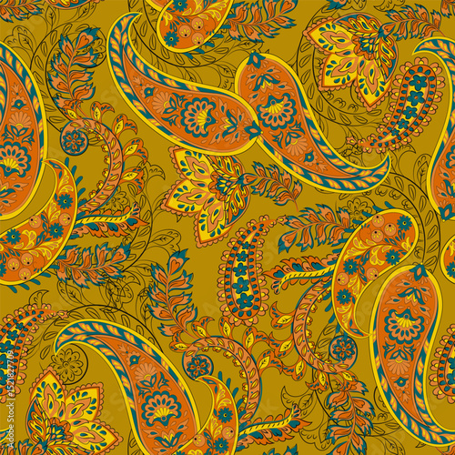 Paisley vector seamless design featuring stunning flowers and leaves in a batik-inspired style. Vintage backdrop