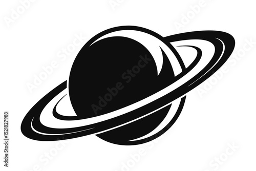 Black Planetary Body with Rings, Astronomy Silhouette, Isolated Design Element