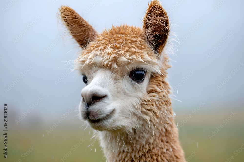 Obraz premium A charming alpaca radiates joy amidst a soft, misty landscape, encapsulating warmth and serenity.