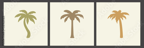 Set of three abstract palm tree illustrations. Flat tropical design elements. Simple beach concept designs for print, logo, web.