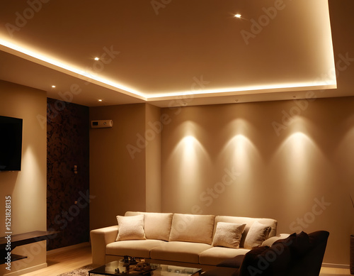 modern living room with LED lights, Lighting equipment on the wall in the living room. Spotlights under the ceiling. Track LED-lighting system