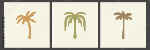 Set of three abstract palm tree illustrations. Flat tropical design elements. Simple beach concept designs for print, logo, web.