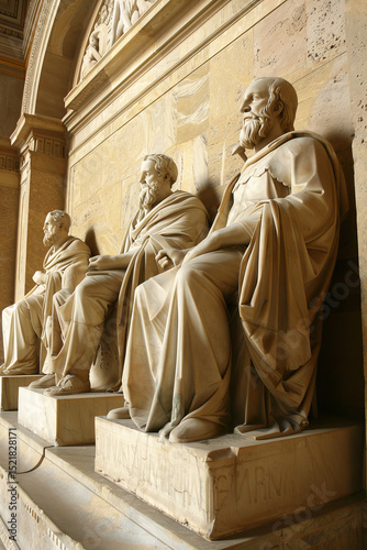 Statues of senators in the Roman Senate with columns, symbol of the government of ancient Rome
