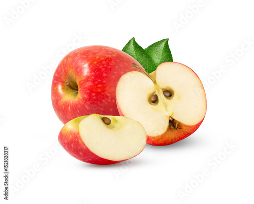 Fresh red apple with cut in half and slice isolated with leaf.