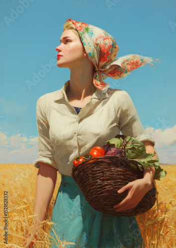 Woman in blouse and skirt with floral scarf holding basket of vegetables in wheat field. Retro rural painting style portrait. Agriculture and countryside concept. Design for poster, greeting card
