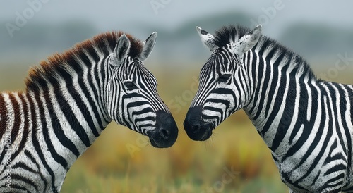Two Zebras Facing Each Other in a Grassy Field, Symbolizing Connection and Wildlife Conservation Efforts : Generative AI
