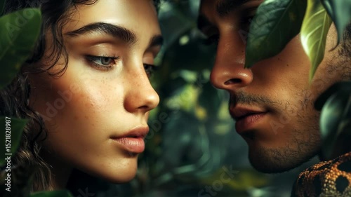 Adam and Eve in the Garden of Eden.
Story of Bible, the beginning of the world.
