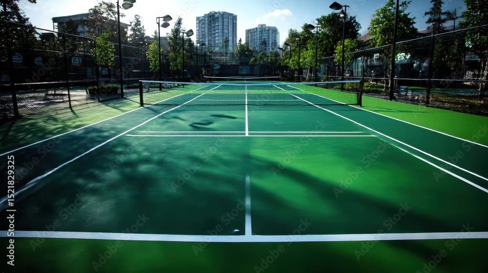 Obraz premium Empty Green Tennis Court on a Sunny Day, Representing Healthy Lifestyle and Sports Facility Investment : Generative AI