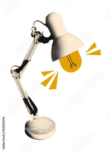 Trendy halftone collage element. Desk table lamp paper cut out. Modern retro vector illustration for mixed media design