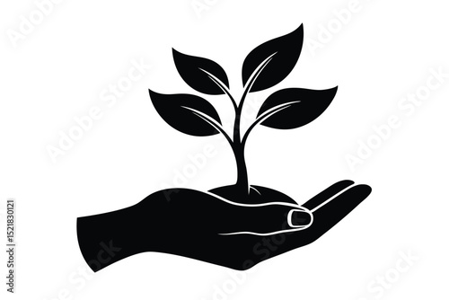 Black Silhouette of Hand Holding a Sprout, Symbolic of Growth and Nurturing