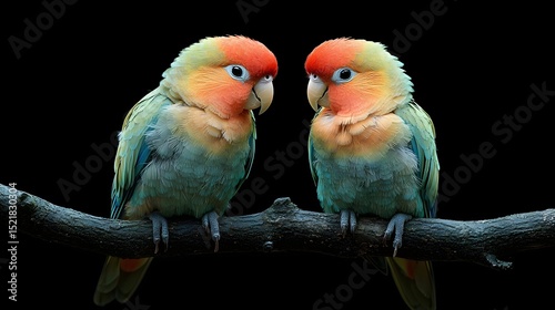 Two identical parrots perched on a tree branch their colorful feathers forming a perfect symmetry