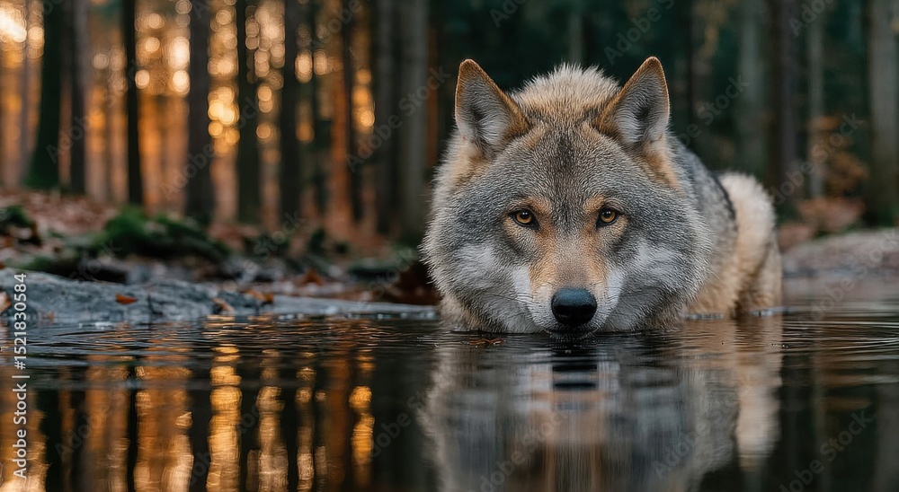 Fototapeta premium Wolf Standing in Water With Forest Background, Depicting Wildlife Conservation and Environmental Stewardship in Natural Habitat : Generative AI